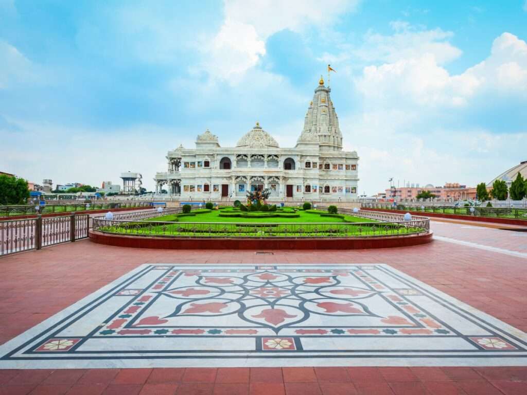 "Prem Mandir's stunning marble facade in Vrindavan"
