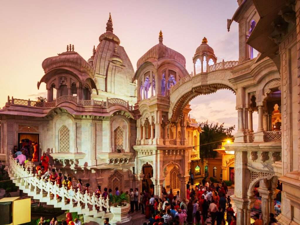Prem Mandir's intricate details shining at night